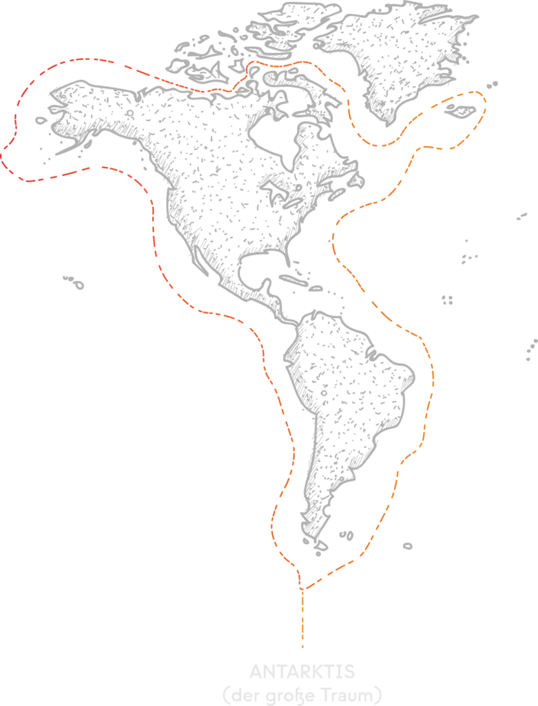 Handgezeichnete Missionskarte des amerikanischen Kontinents mit gestrichelten roten und orangefarbenen Linien.