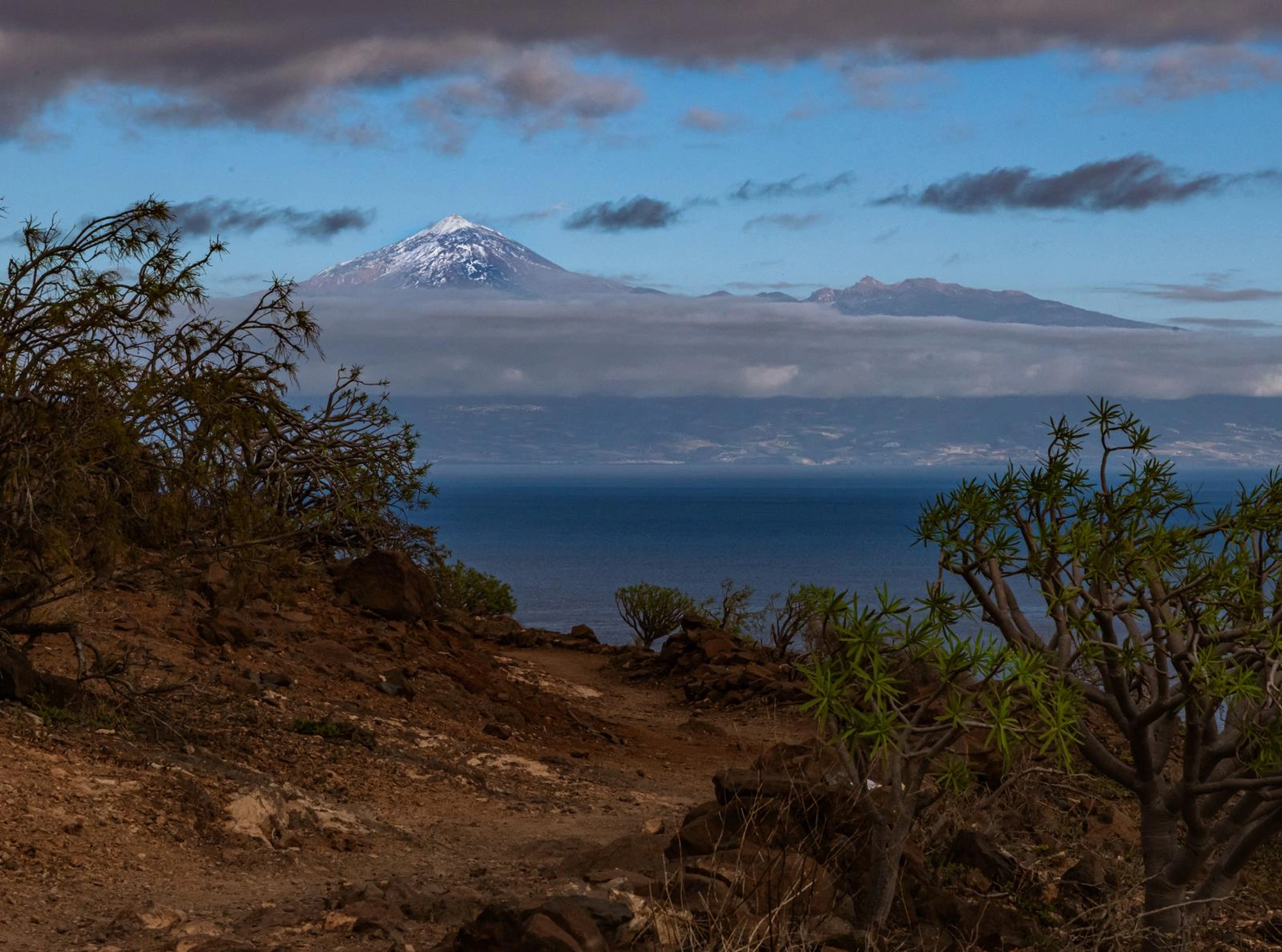 OceanLife-Kanaren Etappe 1 - 261219: Schotterweg, Pflanzen und ein verschneiter Berg unter Wolken.