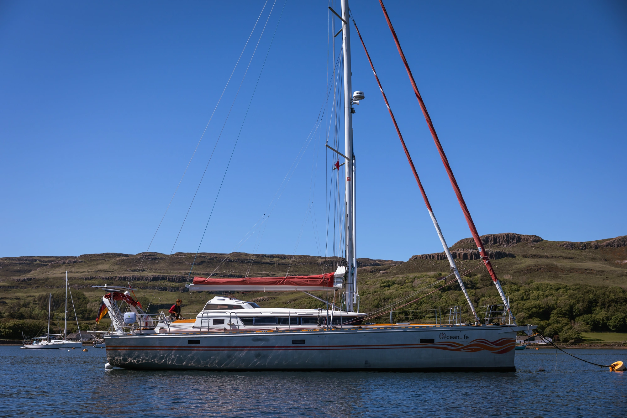 Weißes und rotes Segelboot auf ruhigem Wasser – wir genießen die „Performance Passage mit Profiskipper“, Etappe 2.